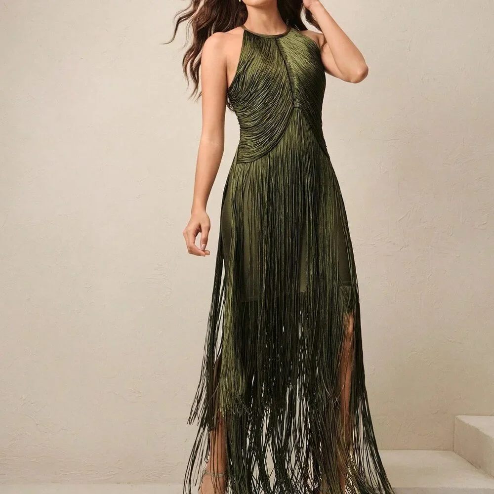 Army Green Bohemian Women's Elegant Tassel Maxi Dress - Picture 3 of 7